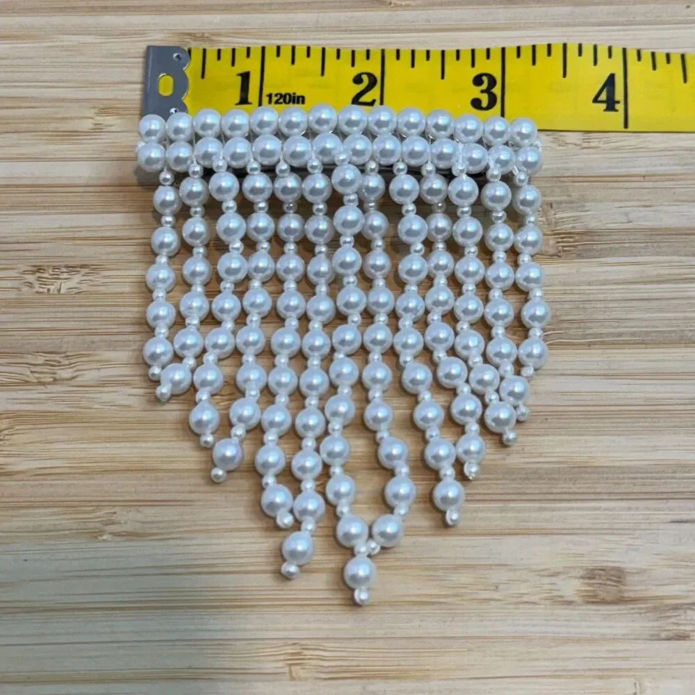 Pearl Fringe Hair Barrette White Faux Pearl Beaded Dangle French Clip Bridal